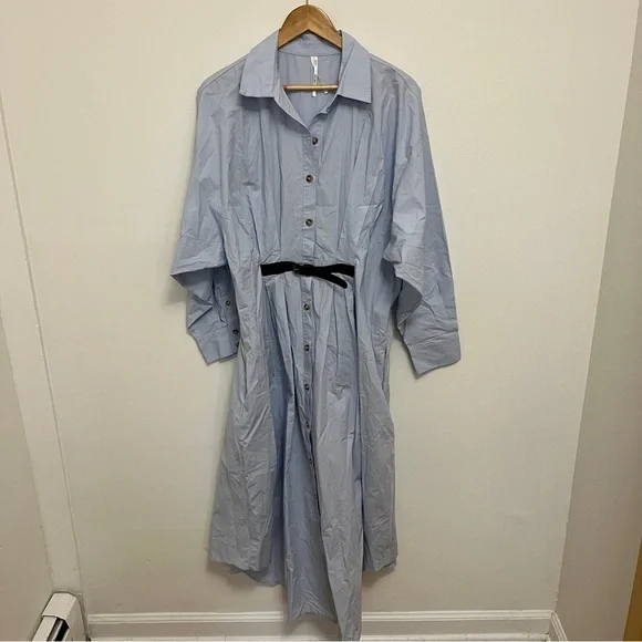By Anthropologie Pleated Buckle Midi Shirt Dress Size 16W Blue - Picture 2 of 9